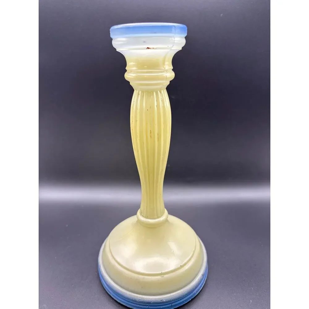 Vintage Indiana Glass Blue and Cream Candleholder Ribbed Depression Era Decor